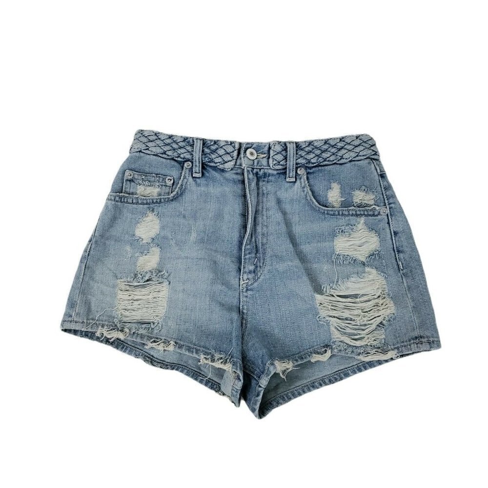 Tularosa Jean Shorts‎ 25 Blue Emma High Rise Distressed Raw Hem Santorini Denim